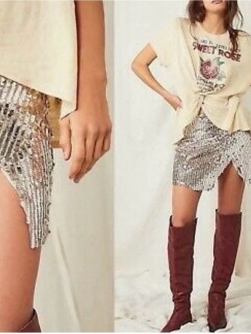 FREE PEOPLE Silver Seashell Sequin Mini Skirt Size 10 - Picture 2 of 10